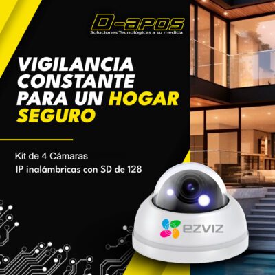 4 Cámaras de Seguridad IP Inalámbricas con SD de 128 instaladas para vigilancia, disponibles en un kit completo.