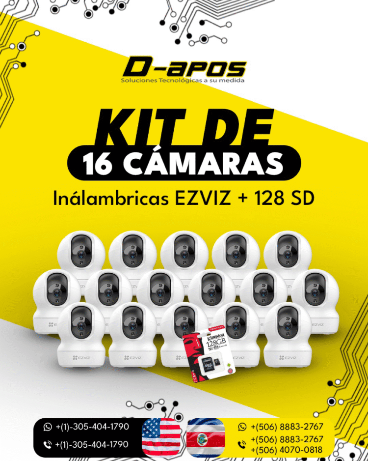 Kit de 16 Cámaras Inalámbricas EZVIZ con 128 GB SD, alta definición, visión nocturna, y detección de movimiento.