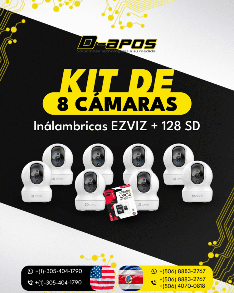 Kit de 8 Cámaras Inalámbricas EZVIZ con 128 GB SD, alta definición, visión nocturna, y detección de movimiento.